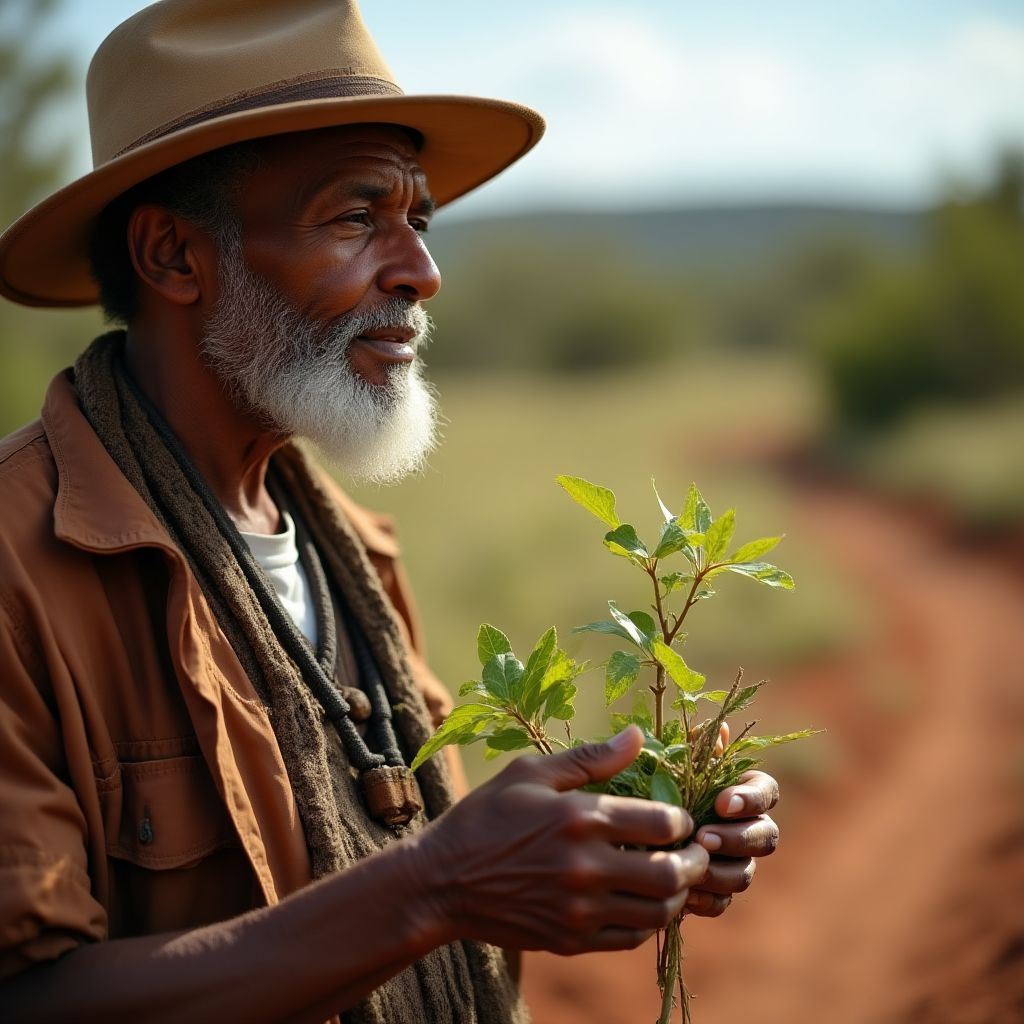 Aboriginal elder showing traditional plant knowledge
