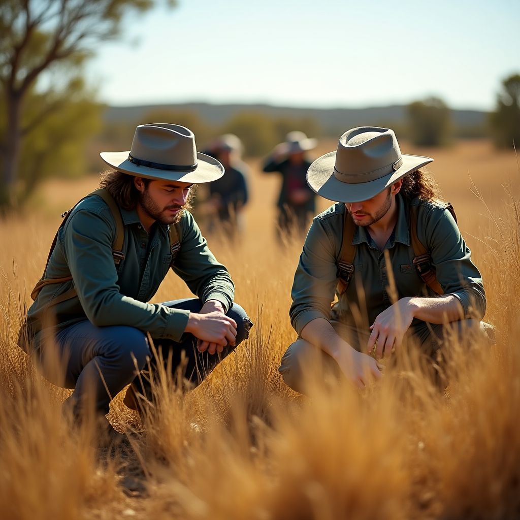 Field researchers collecting plant samples in Australian outback